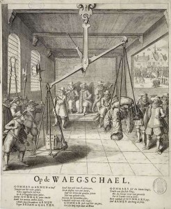 Anonieme spotprent uit 1618. De gravure laat zien hoe de contra-remonstrant Gomarus de strijd met de remonstranten won doordat prins Maurits (links) zijn zwaard op de weegschaal legde. Vers onder de prent is van Joost van den Vondel