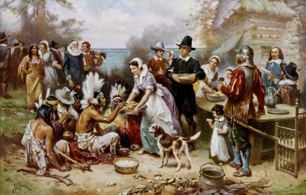 Het eerste Thanksgiving feest dat in 1621 werd gehouden – Jean Leon Gerome Ferris