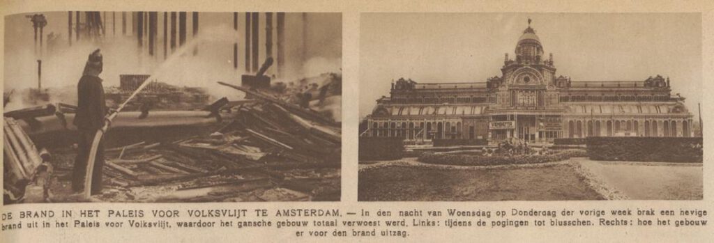 Bericht over de brand in het Paleis voor Volksvlijt in de  Arnhemsche courant van  27 april 1929
